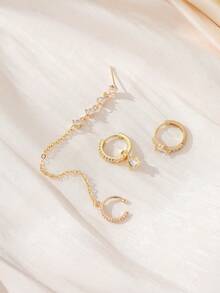 3pcs/Set Delicate Cubic Zirconia Chain Ear Studs Clip-On Earrings, Women Formal Party Jewelry (Quantity Fits One Ear) - 黃金 - 查看 3
