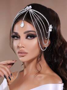 1pc Bohemian Bridal Forehead Tassel Headband Wedding Headwear Bridal Jewelry Rhinestone Headpiece Hair Accessories Vintage Women Tiaras Head Chain,Festival,Birthday - Silver - View 2