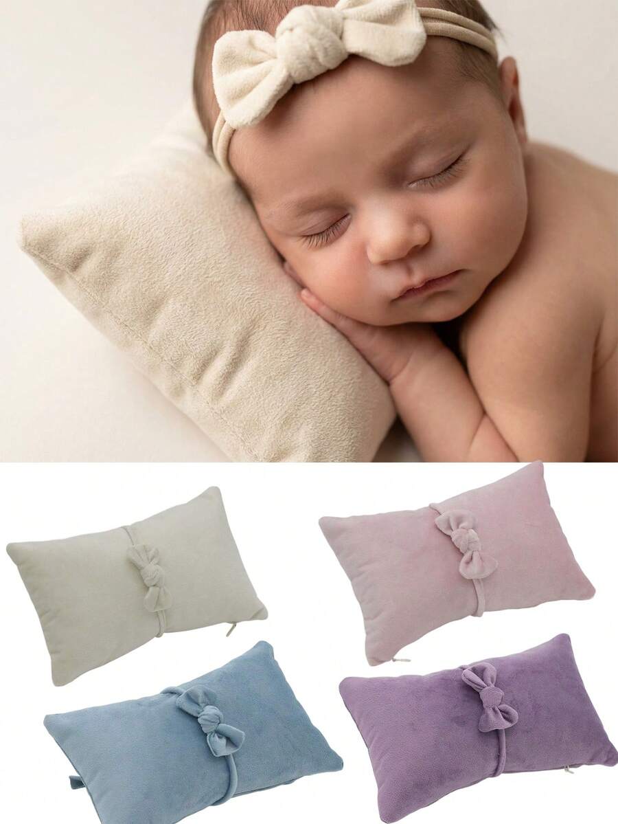 Newborn Photography Props Pillow With Bow Soft Velvet Baby Posing Pillows Bowknot Set Bed Basket Cushion Mat Studio Shooting Accessories - Multi - View 1