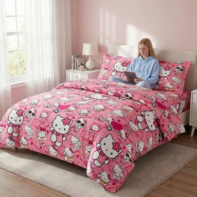 SANRIO 3pcs Duvet Cover Set - 1 Duvet Cover + 2 Pillowcases (No Filling), Cute Cartoon Full Size, Soft & Comfortable, Suitable For Dorm, Home Bedroom, Hotel, All Seasons, With Zipper Closure And Pillowcases, Multi-Color , Extra Large Bedding Set