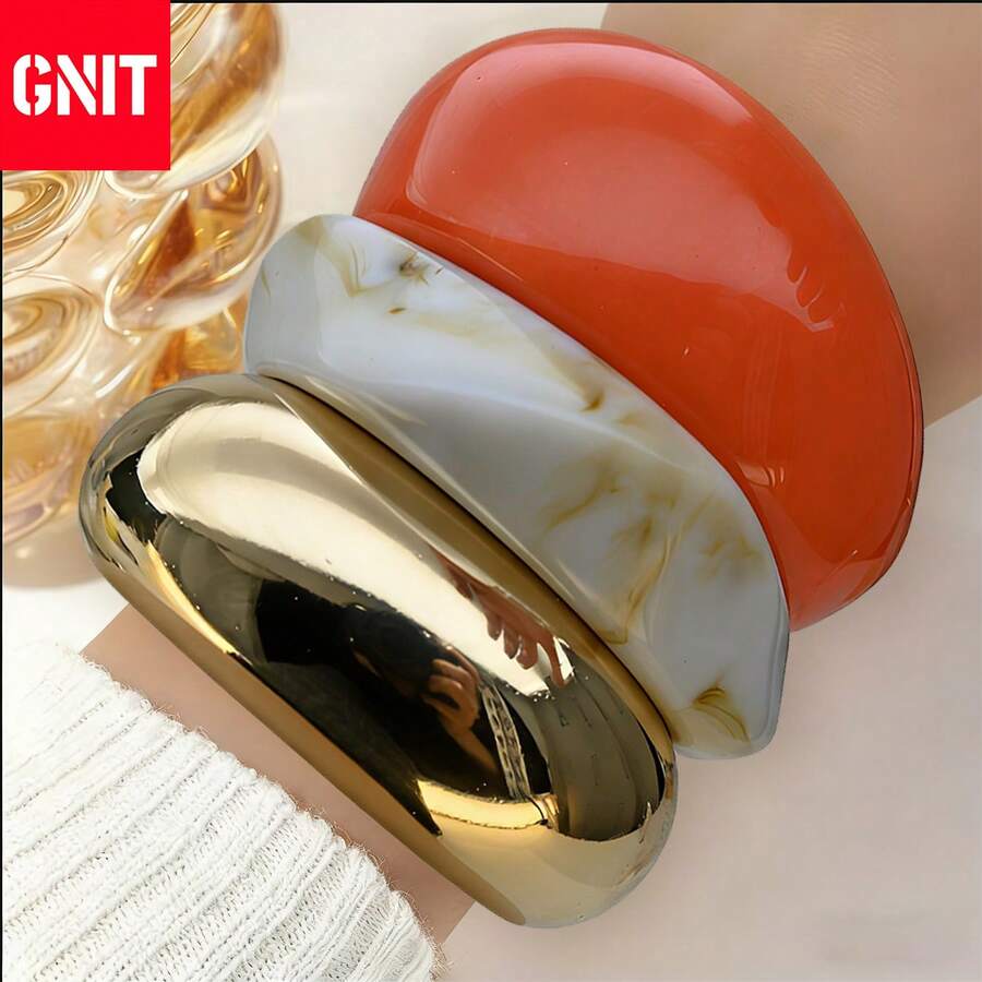Bộ vòng tay nhựa dày dặn - Màu cam rực rỡ, vân kem và mạ vàng dành cho nữ, trang sức thời trang retro Y2K. - Dòng sản phẩm Orange Milk Brown Gold - Xem 1