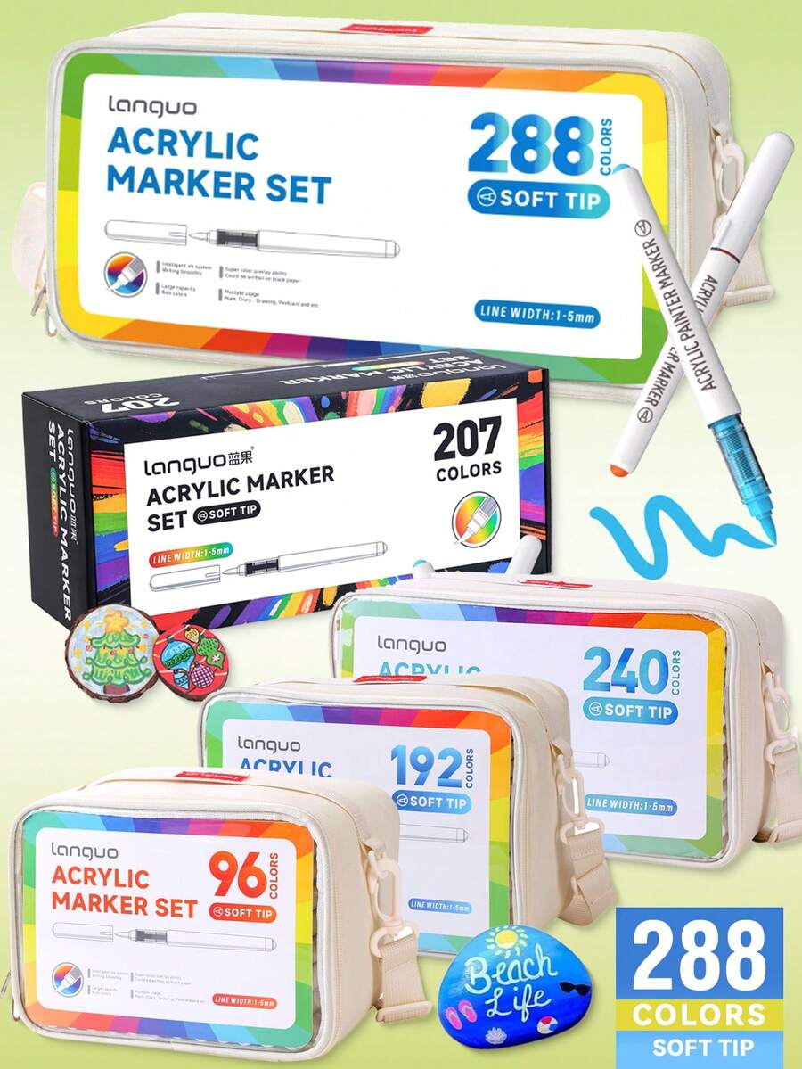 Languo 9/96/192/207/240/288色直涂式丙烯马克笔套装,彩色马克笔,速干不褪色,适用于绘画、插画、工艺品制作、涂色书及其他DIY项目,可在纸张、布料、木材、石头、塑料、玻璃、陶瓷、南瓜、金属等多种材质上进行创作,是复活节、感恩节、万圣节、圣诞节的绝佳礼物。 - 彩色 - 查看 1