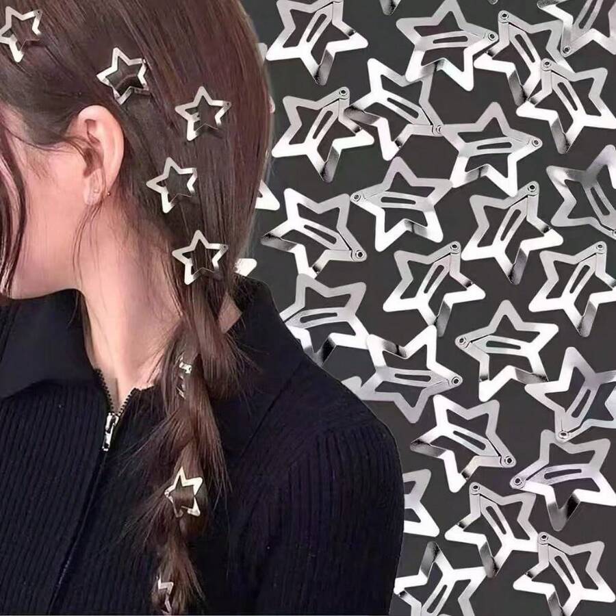 Kit Of 10 To 120 Pieces Of Colorful Or Silver Star Hair Clips For Side Bangs, Girls' And Children's Fashion For The School Season. - 銀色 - 查看 1