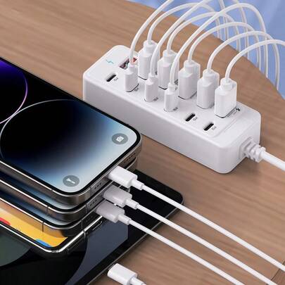 6端口USB快速充电适配器，带独立端口和电源指示灯，兼容智能手机、平板电脑、笔记本电脑、外置硬盘、相机、打印机和其他USB设备，支持USB-C/USB-A接口和3.1快速充电。