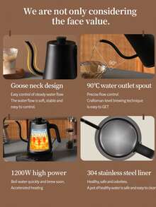 OCTAVO 1200瓦电动鹅颈壶，不锈钢手柄，34盎司（约1升）容量，适用于手冲咖啡和茶，不锈钢无缝内胆，温度控制，快速加热 - 黑色 - 查看 6