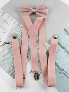 ZONFAZ Set 2 Buah Suspender Poliester Warna Polos Modis dan Dapat Diatur untuk Pria & Dasi Kupu-Kupu Poliester Bergaya, Cocok untuk Pernikahan, Upacara, dan Pemakaian Sehari-hari - Watermelon Pink - View 2