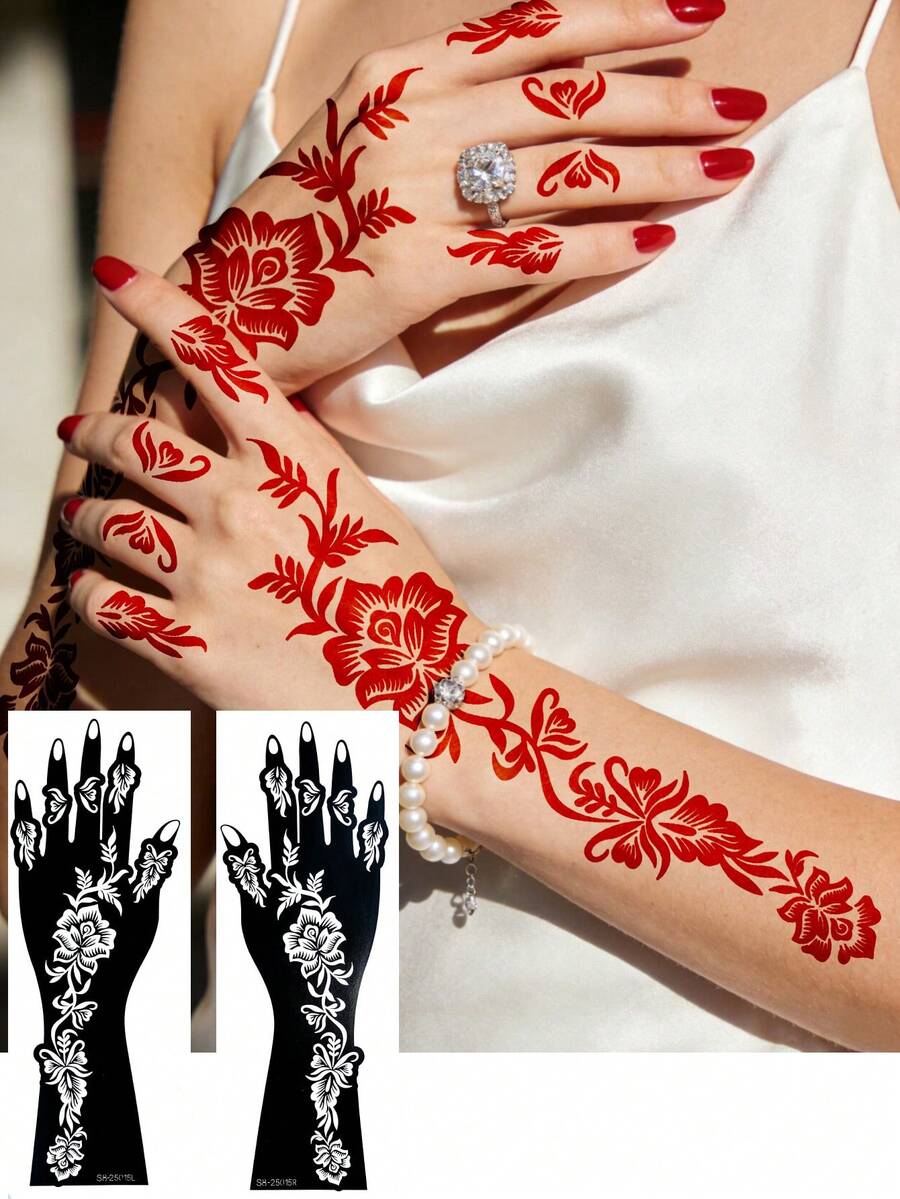 Bộ 2 khuôn vẽ hình xăm henna họa tiết hoa dây leo cổ điển tuyệt đẹp, phủ kín từ mu bàn tay đến cẳng tay, với các họa tiết hoa và cuộn xoắn xếp lớp tạo nên phong cách độc đáo, lý tưởng cho nghệ thuật henna, các bữa tiệc và vẻ ngoài lạ mắt, dễ dàng sử dụng mà không cần kỹ năng.