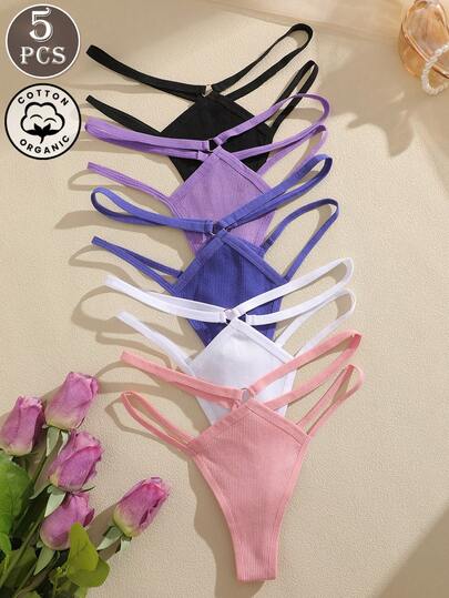 5 pièces Culottes tanga sexy à taille basse en coton côtelé doux et confortable, multicolore