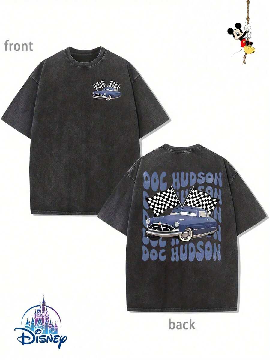 Disney Official Licensed Doc Hudson Vintage Wash T-Shirt 230g Cotton Crew Neck Drop Shoulder Unisex Tee - 黑色 - 查看 1