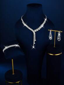 3pcs/Set Elegant Bridal Jewelry Set, Including Shiny Crystal Necklace, Earrings And Bracelet, Suitable For Women's Daily Wear, Wedding, Party And Other Occasions - White - View 9