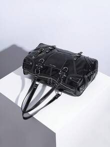 Bolso de hombro tipo tote con panel transparente, versátil para ir y venir - Negro - Ver 10