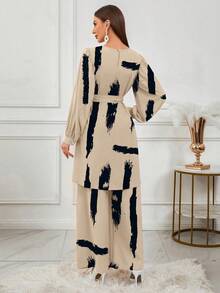 Conjunto de pantalones y blusa de manga larga con estampado total y cinturón, estilo árabe, para vacaciones de primavera - Multicolor - Ver 4