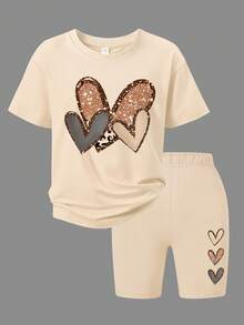 2pcs Girls Loose Short Sleeve Set, Leopard Heart Decor, Elastic Shorts, Fashionable & Fun Spring/Summer Outfit - Apricot - View 2