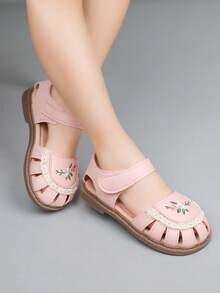 1双女童平底凉鞋，2026新款刺绣蕾丝边女童凉鞋，休闲学校沙滩罗马凉鞋 - 粉色 - 查看 5