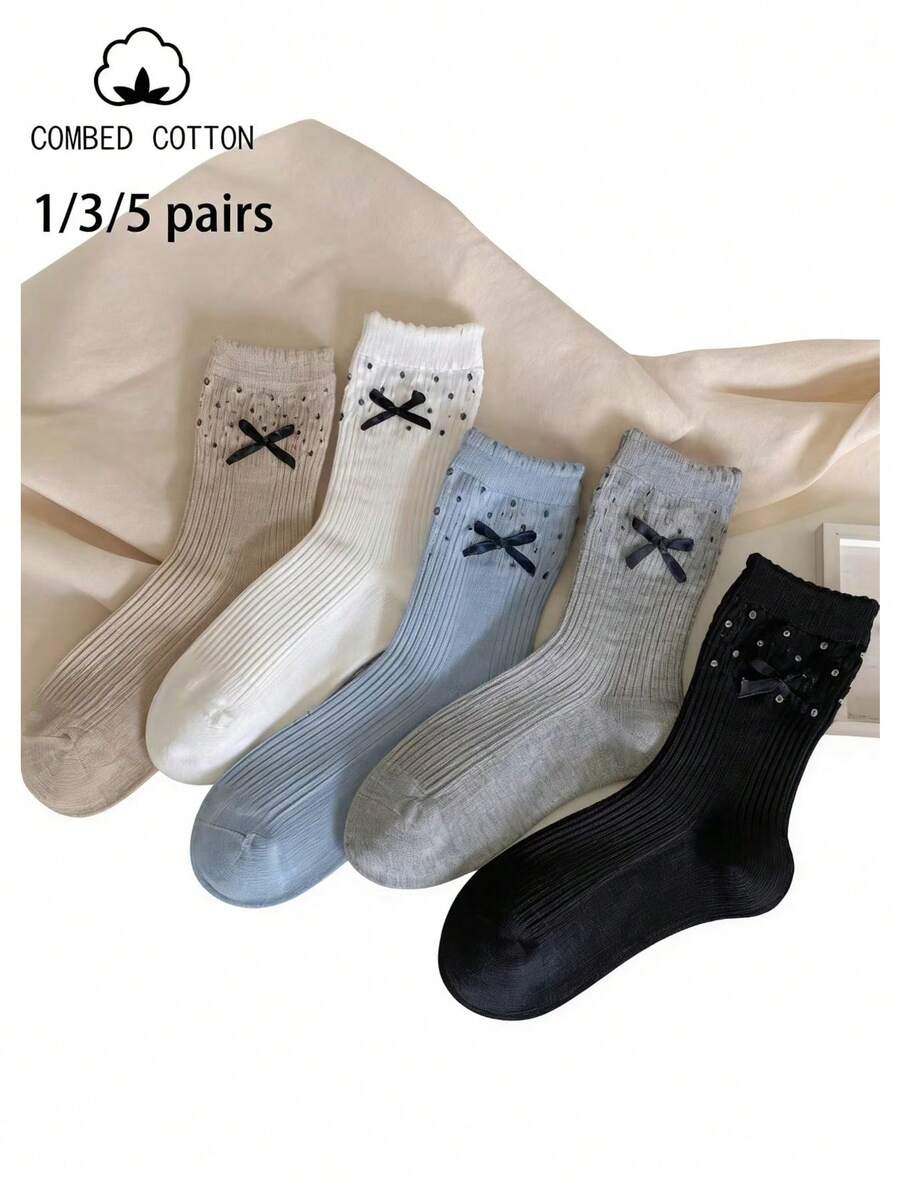Combed Cotton Bow Tie Crew Socks, Rhinestone Ribbed Socks, 1/3/5 Pairs Cute Girl Socks - Multicolor - View 1