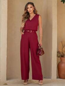Linen V-Neck Pantaloon Set - Màu Đỏ Sâu - Xem 4