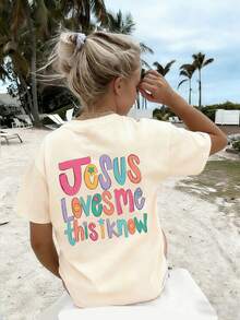 Áo thun cổ tròn in khẩu hiệu "Jesus Loves Me" dành cho bé gái tuổi mới lớn, Áo mùa hè - Màu be - Xem 4