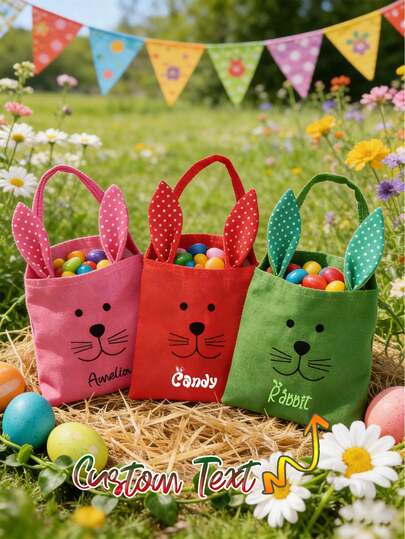 Customizable Easter Bunny Ear Gift Bags, Bunny Canvas Totes, Linen Bags Decor, Multi-Color Holiday Gift Bags, Egg Hunt Sacks, Candy Storage Pouches, Bunny Pocket For Candy And Easter Eggs, Available In Multiple Colors, Suitable For Wedding, Birthday, Spring Easter Party Favors And Gift Basket Fillers