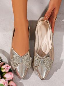 1 Pair Women's Basic Pink Bow Flat Slip-On Shoes, Elegant Party & Commute Style, Silver/Black, Fashion Versatile Ballet Shoes, Suitable For All Seasons - Gold - View 6