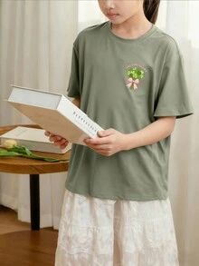 [St. Patrick's Day] Tween Girls Students Casual Printed Round Neck Short Sleeve T-Shirt, Summer Top - Olive Green - View 3