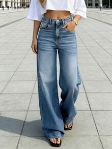 女士休闲日常百搭口袋直筒宽松牛仔裤 - 深色水洗藍 - 查看 6