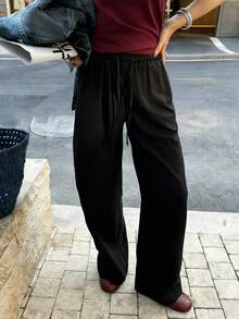 Women's Black Wide Leg Pants, Elastic Waist Drawstring, Loose Relaxed Fit, Lightweight Breathable Casual Trousers For Summer Spring - Black - View 8