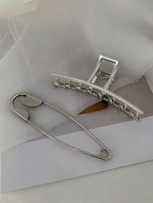 1个简约不对称金属发夹 女士时尚后脑勺夹发夹 派对嘉年华大号发爪发饰 夏季沙滩夹 度假夹 - 銀色 - 查看 6