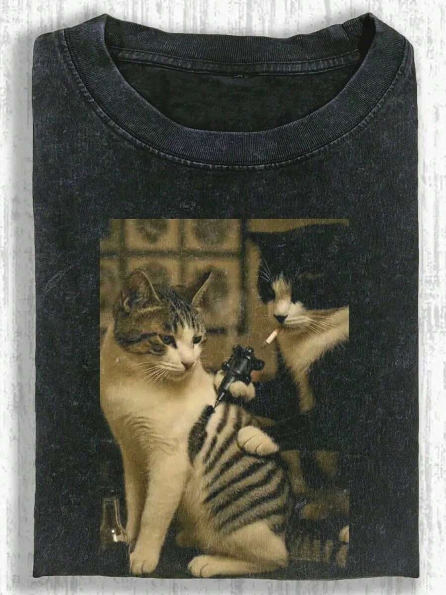 230g Tattoo Striped Cat Print T-Shirt, High Quality Cotton Vintage Fashion T-Shirt, Women's T-Shirt, Summer T-Shirt, Beach Essentials, Holiday Gifts, Perfect Gifts - 黑色 - 查看 1