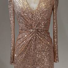 女士重工刺绣亮片V领扭褶腰长袖礼服，奢华星空派对礼服 - 香檳色 - 查看 6