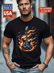 Camiseta de Algodón 100% con Diseño de Guitarra Eléctrica y Llama 180G - Negro - Ver 7