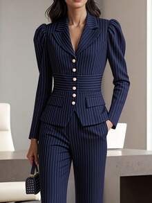 HOMEYEE Bộ vest kẻ sọc, áo blazer và quần tây kiểu công sở, quần ống ôm, kiểu dáng đa năng phù hợp cho nhiều dịp, đi nghỉ mát và công tác, bộ 2 món. - Màu xanh hải quân - Xem 4