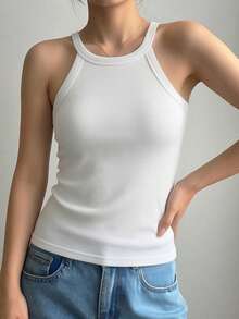 1 chiếc áo hai dây cơ bản dành cho nữ, kiểu dáng thoải mái, không tay, dây mảnh, ôm sát, chất liệu gân sọc. - trắng - Xem 2