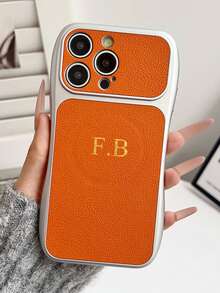 Personalized Electroplated Custom Letter Name & Snowy Mountain Pattern Faux Leather Slim Phone Case, Shockproof Protective Back Cover For IPhone 17 16 15 14 13 Pro Max - Orange - View 3