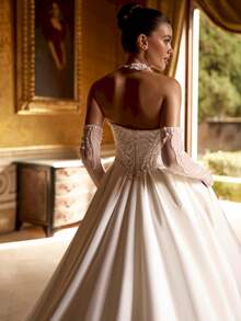 Regal Strapless Sweetheart Beaded Satin Ballgown Wedding Dress With Train, Wedding Dresses For Bride, Elegant And Comfortable, Includes Plus Sizes, Bridal Gown, Formal Dresses For Women, Suitable For Wedding, Party, After-Party Dress, Cocktail Party, Bride, Party Dress, Formal Occasions, Dinner Dress, Prom Dress, Birthday Party, Celebration, Gala, Festival, Ceremony, Graduation, Homecoming Dress, Vacation, White - 白色 - 查看 3