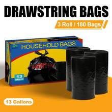 Ultra Strong 13 Gallon Trash Bags, Drawstring Trash Bags – Odorless Trash Bags, Tall Kitchen Trash Bags 13 Gallon Size, Resist Leaks, Punctures, And Rips, Continuous Odor Control, Cleaning Supplies For Kitchen, Bathroom, Bedroom, Office, Hotel, Living Room, Cleaning Supplies, Business Use, Household Waste Disposal, 180 Bags, Black Portable Garbage Bag - Black - 查看 6