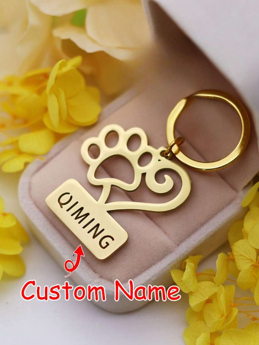Customized Cute Cat/Dog Paw Keychain, Stainless Steel Heart-Shaped Footprint Keychain, Personalized Keychain Gift For Women/Men, Handbag DIY - Multicolor - View 1