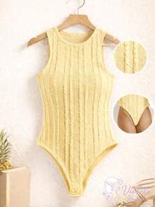 Women's Ribbed Sleeveless Bodysuit With Round Neck, Perfect Fit, Casual, Knitted Cable Knit, Vacation, Beach - Màu vàng bơ - Xem 2