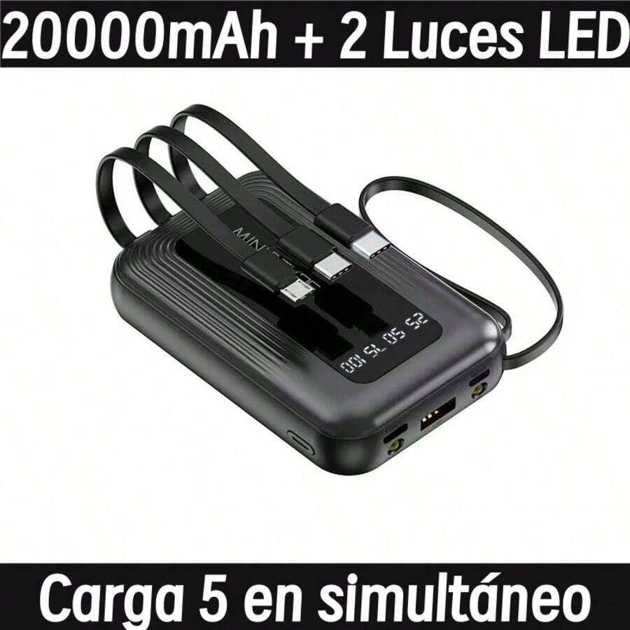 Cargador Portátil para Celular 20000mAh, Pila Portatil Para Celular con 4 cables de carga incluidos, soporta la carga simultánea de 5 dispositivos, equipada con tecnología de carga ultrarrápida de 20W, integra 2 luces indicadoras LED, ideal para emergencias en apagones o al aire libre. - negro - Ver 1