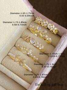 5件套优雅精致仿珍珠和锆石心形蝴蝶结可调节戒指套装，独特设计，适合日常、派对、聚会佩戴（不含礼盒） - 金黃色 - 查看 4