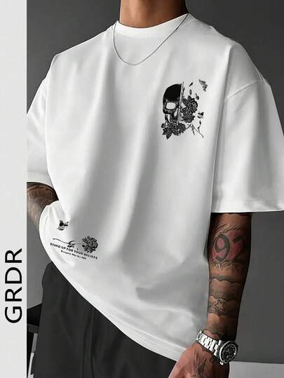  GRDR Men's Summer Skull & Rose Graphic Print Casual Round Neck Short Sleeve T-Shirt, Comfortable & Fashionable