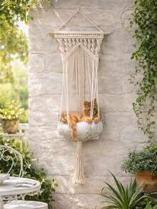 1 buc. Pat hamac decorativ suspendat pentru animale de companie, bej, stil boho, modern, nordic, în formă de leagăn, montat pe perete, cu detaliu nod țesut manual, accent lung cu ciucuri, coș confortabil pentru pisici, scaun de odihnă interior elevat pentru sufragerie, dormitor, balcon, colț de fereastră, mobilier pentru animale de companie, decorare casă, cadou pentru iubitorii de pisici - Bej - Vizualizare 8