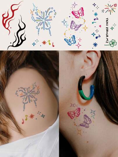 4张简约彩色多巴胺、烟花、蝴蝶、音符小图案Y2K手指临时纹身贴纸，适用于手指、耳朵、肩膀、脖子、锁骨，防水，逼真，适合动漫展、嘉年华、音乐节、情人节、派对礼物等DIY场合。