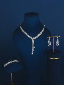 3pcs/Set Elegant Bridal Jewelry Set, Including Shiny Crystal Necklace, Earrings And Bracelet, Suitable For Women's Daily Wear, Wedding, Party And Other Occasions - White - View 5
