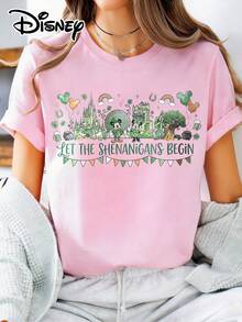 Disney Official Authorization | Women's St. Patrick's Day-Themed Short-Sleeve T-Shirt, Featuring A Parade Print Of Classic Characters Including Mickey Mouse, Minnie Mouse, Donald Duck, Daisy Duck, Goofy, And Pluto, With The Fun Slogan "Let The Shenanigans Begin", And Festive Elements Like Park Castles, Clovers, And Rainbows. Made Of Opaque Fabric, It Is Machine Washable, Suitable For Park Visits And Daily Casual Wear, Making It An Eye-Catching Piece For Holiday Outfits. - Hồng - Xem 1
