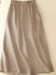 Falda de línea A de unicolor casual para mujer, versátil para uso diario, primavera/verano/otoño - Caqui - Ver 2