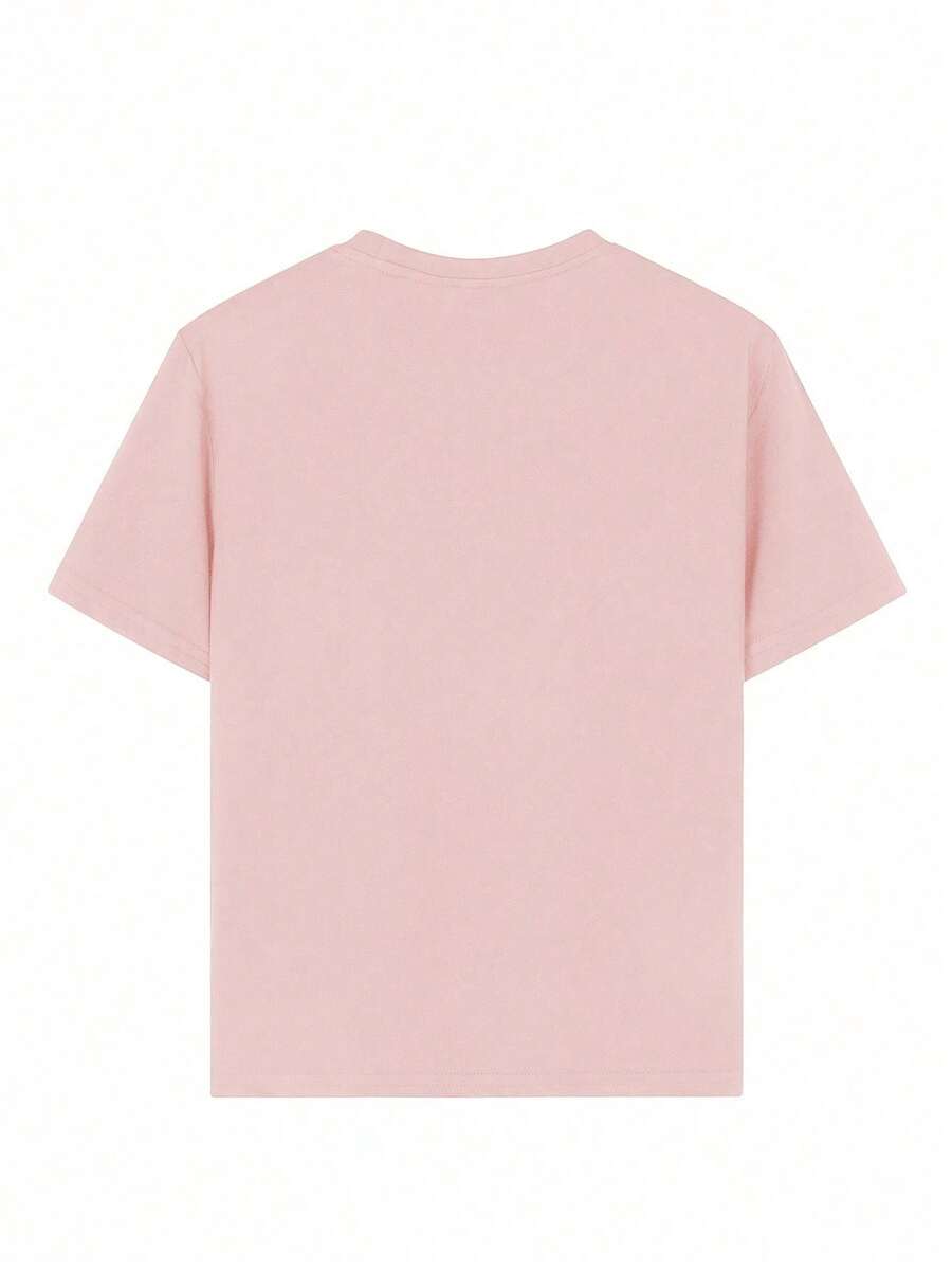 Tween Girls' Casual Funny Print Crew Neck Short Sleeve T-Shirt, Summer Top - Pink - View 1