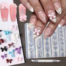 1pc 3D Bow Silicone Nail Mold + 1pc Y2K Ballet Ribbon Nail Art Template Carving Pen Manicure Tools - 1 Set - View 2