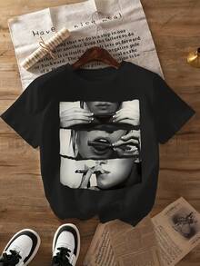 Camiseta informal de manga corta para mujer, holgada, de gran tamaño y con estampado gráfico sobreestimulado1 - Negro - Ver 1