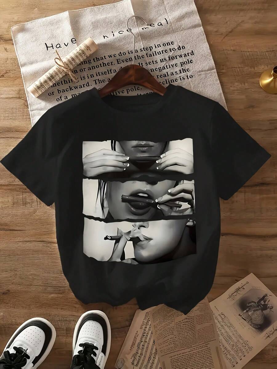 Camiseta informal de manga corta para mujer, holgada, de gran tamaño y con estampado gráfico sobreestimulado1 - Negro - Ver 1