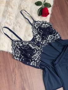 Short Doll Women's Pajama Set/ Two-Tone Lace - Cadet Blue - View 2